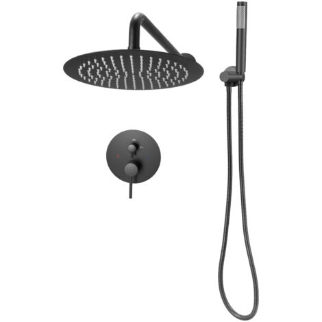 Mophorn Duscharmatur Regenduschsystem fürs Badezimmer mit 203 mm rundem Regenduschkopf und Handbrause, wandmontiertes Duschsystem mit Messingventil und Zierset, mattschwarzes Design (1/5)