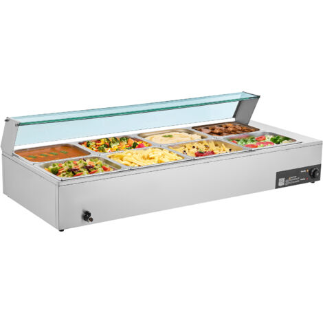 Mophorn Kommerzieller Speisenwärmer mit 8 Behältern in halber Größe, 1,7 kW elektrischer Edelstahl-Wärmebehälter mit Glasabdeckung und Suppenkelle, ideal für Catering, Restaurants und Partys