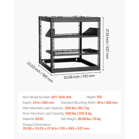 10U Open Frame Server Rack – Wandmontierbar Mit Schwenkrollen, 4 Ebenen, 90 Kg Tragkraft, 50x47x55 Cm