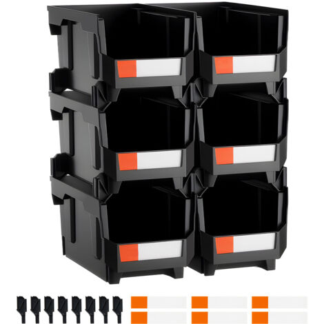 Mophorn Stapelboxen 377 x 215 x 180 mm (6er-Pack), Lager- und Sichtboxen zur Organisation und Aufbewahrung von Kleinteilen, Bürobedarf und Zubehör, Schwarz (1/5)