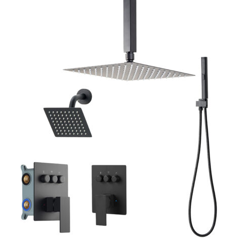 Mophorn Duschsystem-Set mit 10-Zoll-Regenduschkopf, 6-Zoll-Wandmontagekopf, 2-in-1-Handbrause, drehbarem Doppelregenkopf mit 3 Funktionen, Messingventil und Verkleidungssatz, mattschwarz (1/5)