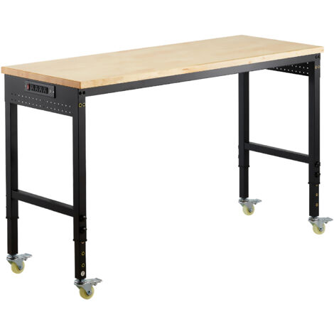 Mophorn Werkbank 1524x559x711-1030mm, 907 kg Belastbarkeit, Arbeitstisch mit Steckdose, Rollen und Werkzeugtafel, stabiler Tisch mit Eichenholzplatte für Garage, Werkstatt, Büro und Zuhause