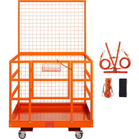 Mophorn Gabbia di sicurezza per carrelli elevatori, capacita di carico di 1400 libbre, piattaforma di lavoro 43'' x 45'' con imbracatura di sicurezza e blocco, foro di scarico, ruote e cestello