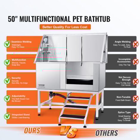 Vasca Toelettatura Cani In Acciaio Inox - Con Rubinetto, Anello Di Sicurezza, Misure 39-135 Pollici