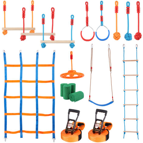 Frane Trampolino - Pack Tirolese Frog 28 M + Percorso Ninja 15 M Con 7 Ostacoli | Gioco All'Aperto Per Bambini Tra Alberi