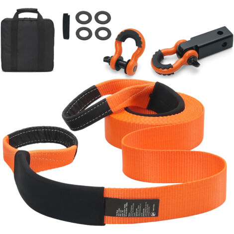 Mophorn Kit di recupero con cinghia di traino 3" x 30',MBS 36.000 libbre, cinghia per verricello,triplo anello rinforzato,ricevitore di aggancio a grillo da 2" + grilli ad anello a D da 3/4" (2 pezzi) (1/5)