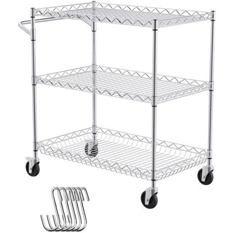 Mophorn Carrello portaoggetti da cucina,3 ripiani, carrello con rotelle in filo metallico con capacità di 661 libbre,carrello portaoggetti in metallo con cestino profondo 80 mm,maniglia curva, 6 ganci
