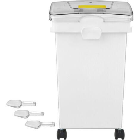 Mophorn 5,5 galloni capacità contenitore per ingredienti set, 3 pezzi, contenitori per farina in materiale PP con ruote, ripiano bianco, uso commerciale, coperchio scorrevole e paletta, bianco