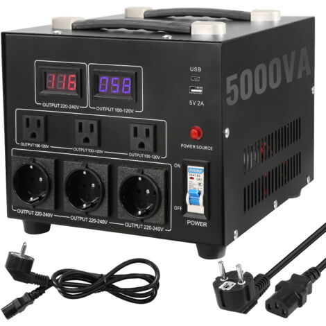 Mophorn Trasformatore convertitore di tensione, 5000 W, step up/down per impieghi gravosi, da 110 V a 220 V e da 220 V a 110 V, presa USA, presa UE, porta USB 5 V, certificazione CE