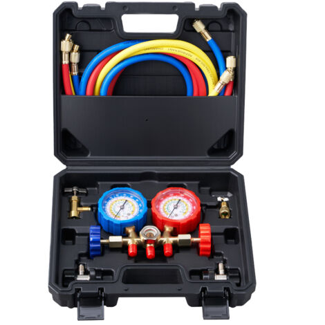 Mophorn Set di Manometro del Refrigeranti a 3 Vie per R134A R22 R12 R502 per lAria Condizionata Uso Automobilistico, Set Indicatore del Collettore AC per Refrigeranti con Valigetta 28,4 x 25 x 8,9 cm