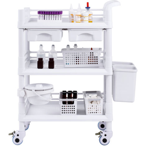 Mophorn Carrello da Laboratorio 3 Ripiani, Carrello da Laboratorio 4 Ruote, Carrello Medico Mobile in Materiale PP, Carrello da Laboratorio con 3 Contenitori per Laboratorio, Clinica, Salone, Ospedale