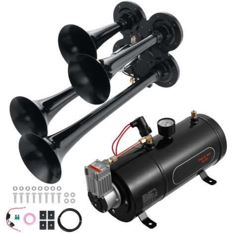 Mophorn Set Clacson da Camion Auto, Set da 4 Trombe Clacson 150 dB per Camioncini, Compressore deAria da 12V Pressione 120 PSI,Serbatoio 3 Litri con Manometro per Veicolo a 12V, Camion, Furgone, Barca