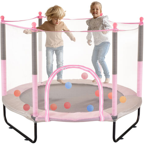 Mophorn Trampolino per bambini da 60", 5FT Indoor/Outdoor Mini Trampoline con rete di sicurezza e canestro da basket, per bambini dai 3 anni in su, rosa (1/5)