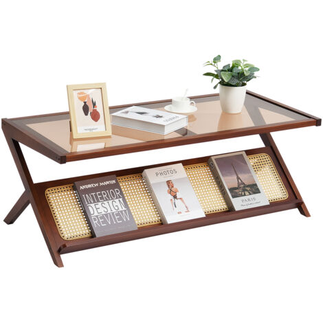 Tavolino In Bambù Con Piano In Vetro Temperato, Portariviste In Rattan Intrecciato A Mano Tavolino Di Design A Forma Di Z Naturale 83692422