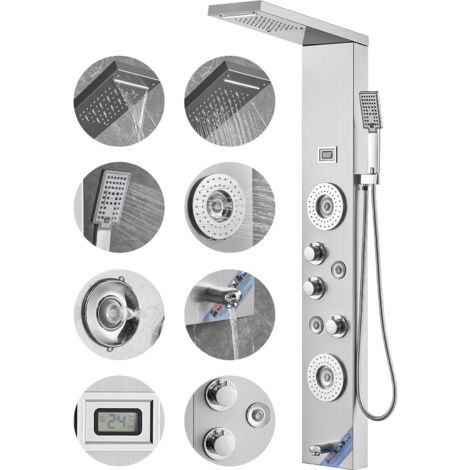 Mophorn Sistema pannello doccia, 6 modalità doccia, pannello doccia LED e display, pioggia, cascata, 4 getti, set doccia a parete in acciaio inossidabile