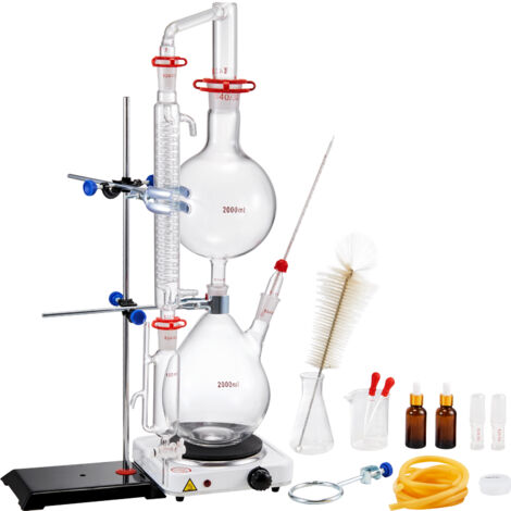 Mophorn Kit di distillazione di oli essenziali, 2000 ml, kit di distillazione di vetreria da laboratorio 3.3 Boro con piastra riscaldante da 1000 W e 24, 40 giunti, set da 28 pezzi