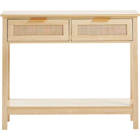 Mophorn Tavolo Consolle in Rattan con 2 Cassetti Portaoggetti, Tavolo Ingresso con Porta Scorrevole in Rattan Naturale, Tavolo Consolle Divano per Soggiorno, Studio, Ingresso o Parete TV, Naturale (1/5)