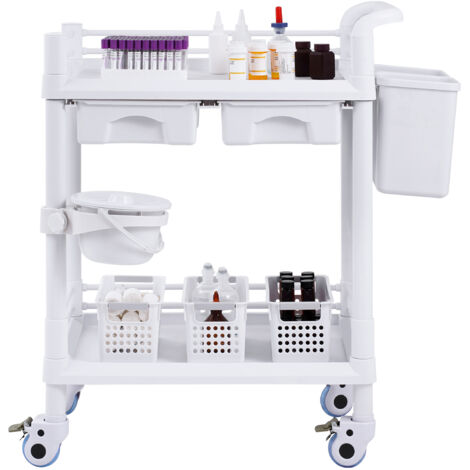 Mophorn Carrello multiuso con ruote, dotato di 2 ripiani, 2 cassetti, ruote silenziose, realizzato in robusto PP, fornito con 3 contenitori, perfetto per laboratori, cliniche, ospedali e saloni di