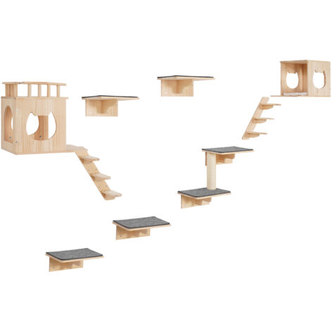 Set 5 Mensole Per Gatti In Pino Naturale - Arrampicata Da Parete Con Piattaforme E Gradini In Sisal - Foto 9