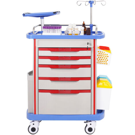 Mophorn Carrelli da Laboratorio a 5 Ripiani,con 5 Cassetti e 4 Ruote Silenziose 2 Bidoni della Spazzatura, Carrello Medico Mobile Materiale PP, Carrello per Laboratorio, Clinica, Ospedale, Salone, Blu