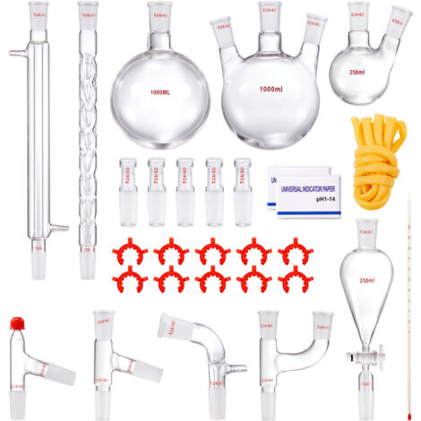 Mophorn Kit di distillazione da laboratorio, kit di distillazione 3.3 Boro con 24, 40 giunti, distillazione di oli essenziali da 1000 ml, set di attrezzature per vetreria da 29 pezzi