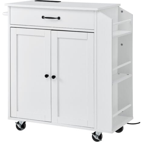 Mophorn Carrello da Cucina, Carrelli Mobili, Piano Ribaltabile Legno 810 mm con Mobiletto Portaoggetti, con Rotelle, Porta Spezie e Asciugamani, Cassetto Ganci, Isole Portatili Presa Corrente, Bianco
