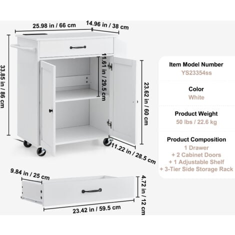 Mophorn Carrello da Cucina, Carrelli Mobili, Piano Ribaltabile Legno 810 mm con Mobiletto Portaoggetti, con Rotelle, Porta Spezie e Asciugamani, Cassetto Ganci, Isole Portatili Presa Corrente, Bianco