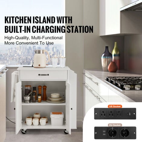 Mophorn Carrello da Cucina, Carrelli Mobili, Piano Ribaltabile Legno 810 mm con Mobiletto Portaoggetti, con Rotelle, Porta Spezie e Asciugamani, Cassetto Ganci, Isole Portatili Presa Corrente, Bianco