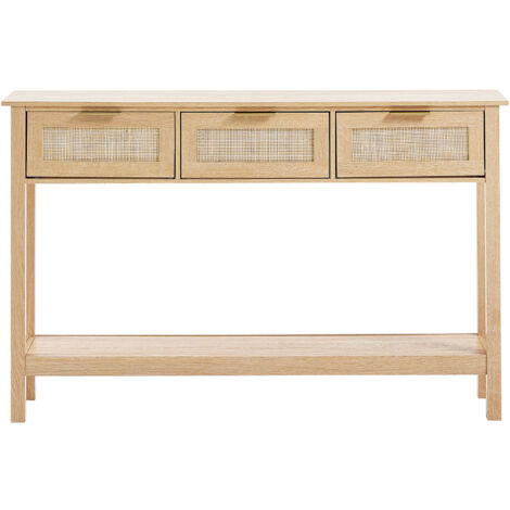 Mophorn Tavolo Consolle in Rattan con 3 Cassetti Portaoggetti, Tavolo Ingresso in Rattan con Porta Scorrevole in Rattan Naturale, Tavolo Consolle Divano per Soggiorno, Ingresso o Parete TV, Naturale (1/5)