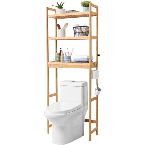 Scaffale Bagno 3 Ripiani Sopra WC In Acciaio Verniciato Nero - Portaoggetti Salvaspazio Con Gancio Per Carta E Asciugamani, Regolabile E Stabile