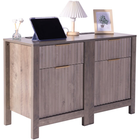 Mophorn Tavolino da caffè Farmhouse, set da 2, comodino quadrato con porte USB e prese, 3 ripiani con mobiletto portaoggetti e 2 cassetti, per soggiorno, camera da letto, ufficio, grigio (1/5)