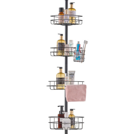 ALLZONE Organizer Angolare Per Doccia A Tensione 4 Ripiani - Asta Regolabile Da 142 A 289 Cm - Acciaio Inox Antiruggine - Argento - 3