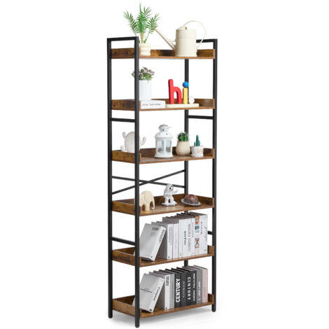 Libreria 5 Ripiani In Bambù E Legno - Stile Industriale Rustico - Per Soggiorno, Ufficio, Casa - Foto 7