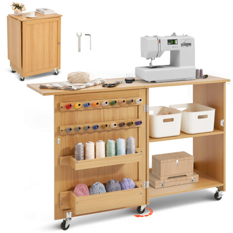 Mophorn Tavolo da cucito pieghevole , design compatto multiuso, con ruote, ripiani, vassoi, pioli e ante magnetiche, mobiletto da cucito per macchina, colore legno (1/5)