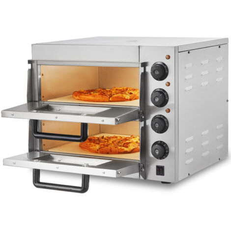 Mophorn Forno per pizza commerciale da banco, doppio strato da 14", forno elettrico per pizza in acciaio inox con pietra e maniglia, macchina per pizza multiuso per interni per ristoranti, pretzel