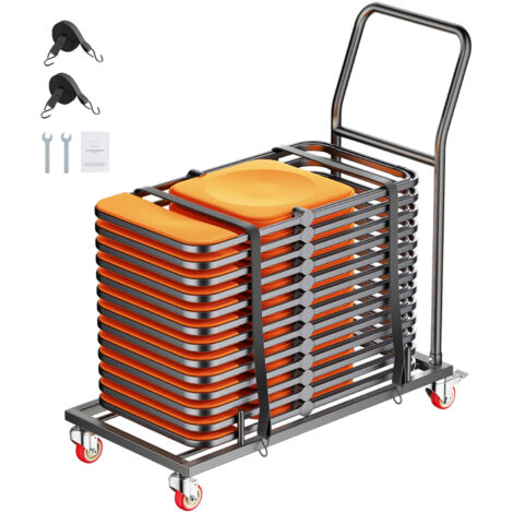 Mophorn Porta sedie pieghevoli, capacità 300 libbre, carrello per sedie a forma di L per 25 sedie, carrello portaoggetti in metallo resistente con ruote in gomma, supporto grande, nero opaco