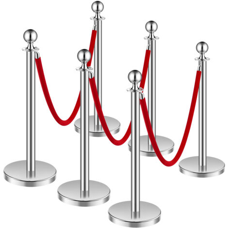 Mophorn 6 pezzi Pali con corde di velluto, pali in acciaio inossidabile, 3 corde di velluto rosso, barriere di controllo della folla, pali argentati per feste, eventi e uso sul red carpet