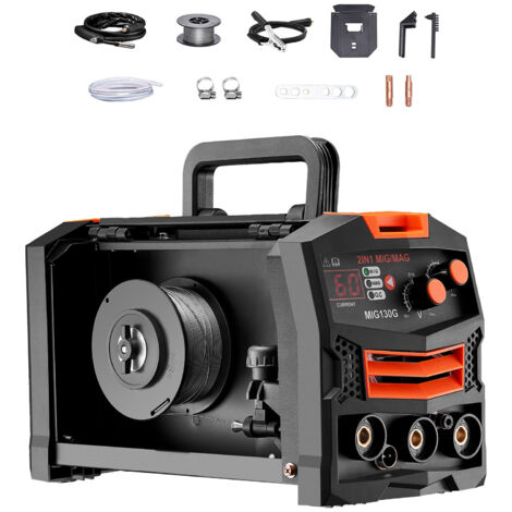 Mophorn Saldatrice MIG, saldatrice MIG sinergica da 130 A, saldatrice multiprocesso a flusso continuo 2 in 1 a gas/senza gas, saldatrice MIG inverter IGBT portatile