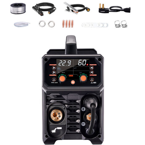 Mophorn Saldatrice MIG Pro, saldatrice MIG pulsata da 250 Amp. Saldatrice sinergica 5 in 1 con tecnologia inverter IGBT e schermo LCD. Saldatura MIG pulsata/MIG a gas/MIG a filo continuo/Stick