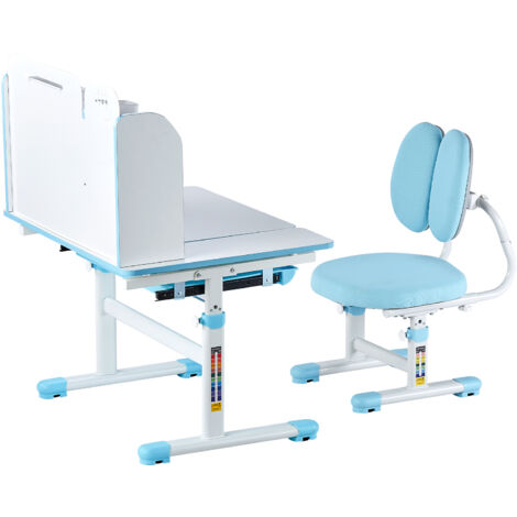 Mophorn Set scrivania e sedia per bambini, altezza regolabile con libreria e cassetto portaoggetti, scrivania inclinata da 0 a 40°, tavolo da studio per camera da letto e sala studio, blu (1/5)