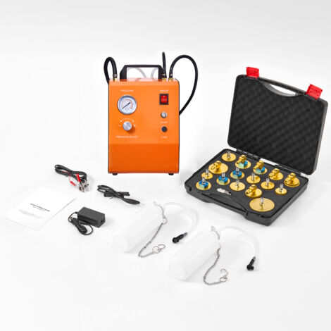 Mophorn Kit di spurgo freni elettrico: spurgo del cilindro principale del freno da 220 V con manometro, pompa dell'aria integrata e set di adattatori per la sostituzione del liquido freni CC e CA.