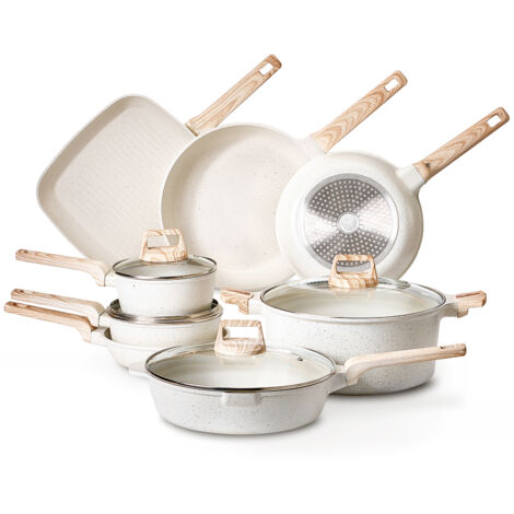 Mophorn Set di pentole in granito antiaderente a 19 pezzi,  con padelle, rubinetti, padelle per soffriggere, coperchi in vetro temperato e protezioni per vaschetta, bianco