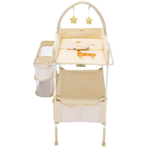 Mophorn Fasciatoio pieghevole con 2 cassetti in tessuto, cestino laterale e asta appendiabiti, fasciatoio portatile regolabile in altezza con ruote bloccabili e 2 giocattoli, beige chiaro