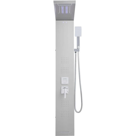 Mophorn Pannello doccia a torre con soffione a cascata, LED, colonna in acciaio inox spazzolato da 1345 mm, rubinetto multifunzione a 5 modalità, dotato di doccetta e beccuccio per vasca