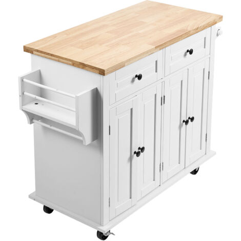 Mophorn Carrello da cucina, larghezza 35,4", piano in legno massello, tavolo portaoggetti mobile con mobiletto, porta spezie, porta asciugamani, cassetto, isola mobile portatile su ruote, bianco (1/5)