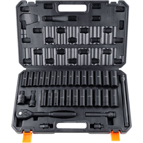 Mophorn Set di bussole a impatto da 1/2", 33 pezzi SAE e metriche da 10-24 mm, acciaio legato Cr-V a 6 punte per riparazioni auto, marcature facili da leggere, struttura robusta con custodia (1/5)