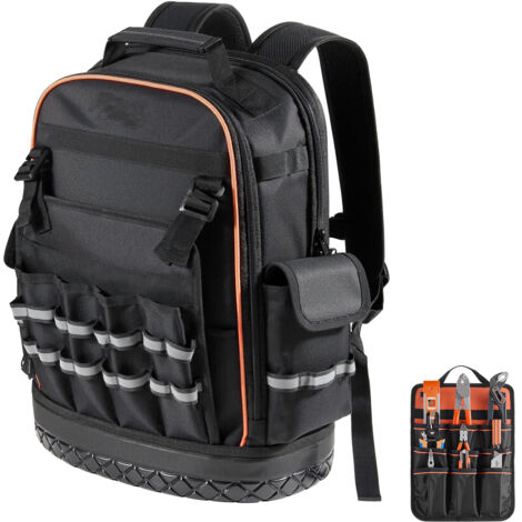 Mophorn Zaino Portautensili con 64 Tasche, Ideale per Attrezzi Pesanti, Zaino da Lavoro con Scomparto per Laptop e Base Rinforzata, Borsa da Cantiere per Elettricisti, Tecnici HVAC e Riparatori Nero (1/5)