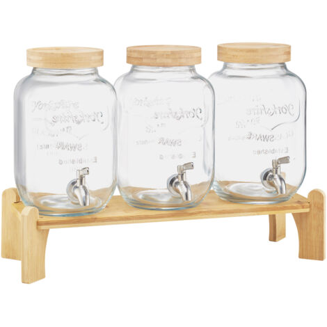 Mophorn Distributore di Bevande, Set da 3 Contenitori da 8 L in Vetro con Supporto in Legno, Rubinetto in Acciaio Inox e Infusore, Ideale per Tè Freddo, Limonata e Altre Bevande per Eventi e Feste