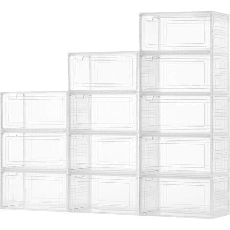Mophorn Scatole porta scarpe trasparenti impilabili, adatte fino alla taglia 13 USA, set da 12 pezzi con porta magnetica, contenitori in plastica per scarpe, stivali e cappelli, colore bianco (1/5)