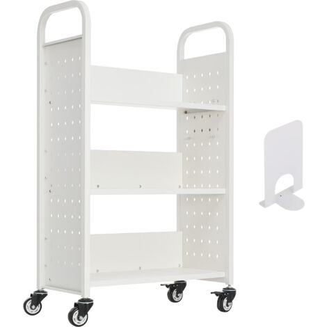 Mophorn Carrello portabiblioteca con ruote, capienza 330 libbre, dimensioni 30,3 x 15 x 48,0 pollici, scaffali a forma di L unilaterali con ruote bloccabili da 3 pollici,colore bianco (1/5)